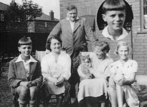 The first family residence at 7 King's Crescent , Stretford. L-R = Bernard, a family friend, Edith Brownhill, Bernard's father, Charles Riley (standing at rear), Mother Liley Riley holding the family cat and Bernard's sister Eileen